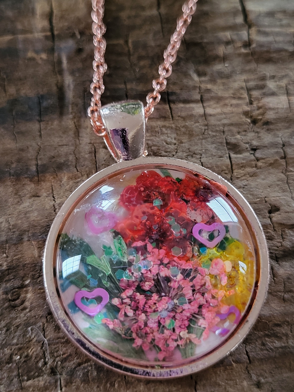 Rose Gold  Floral Under Glass Cabachon  Necklace